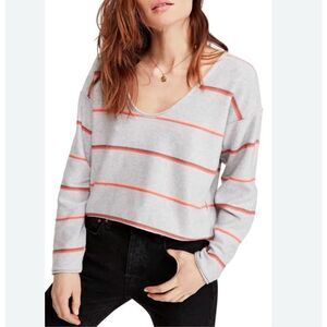 Free People Make You Mine Women's Gray Striped Pullover Boho Sweater Small